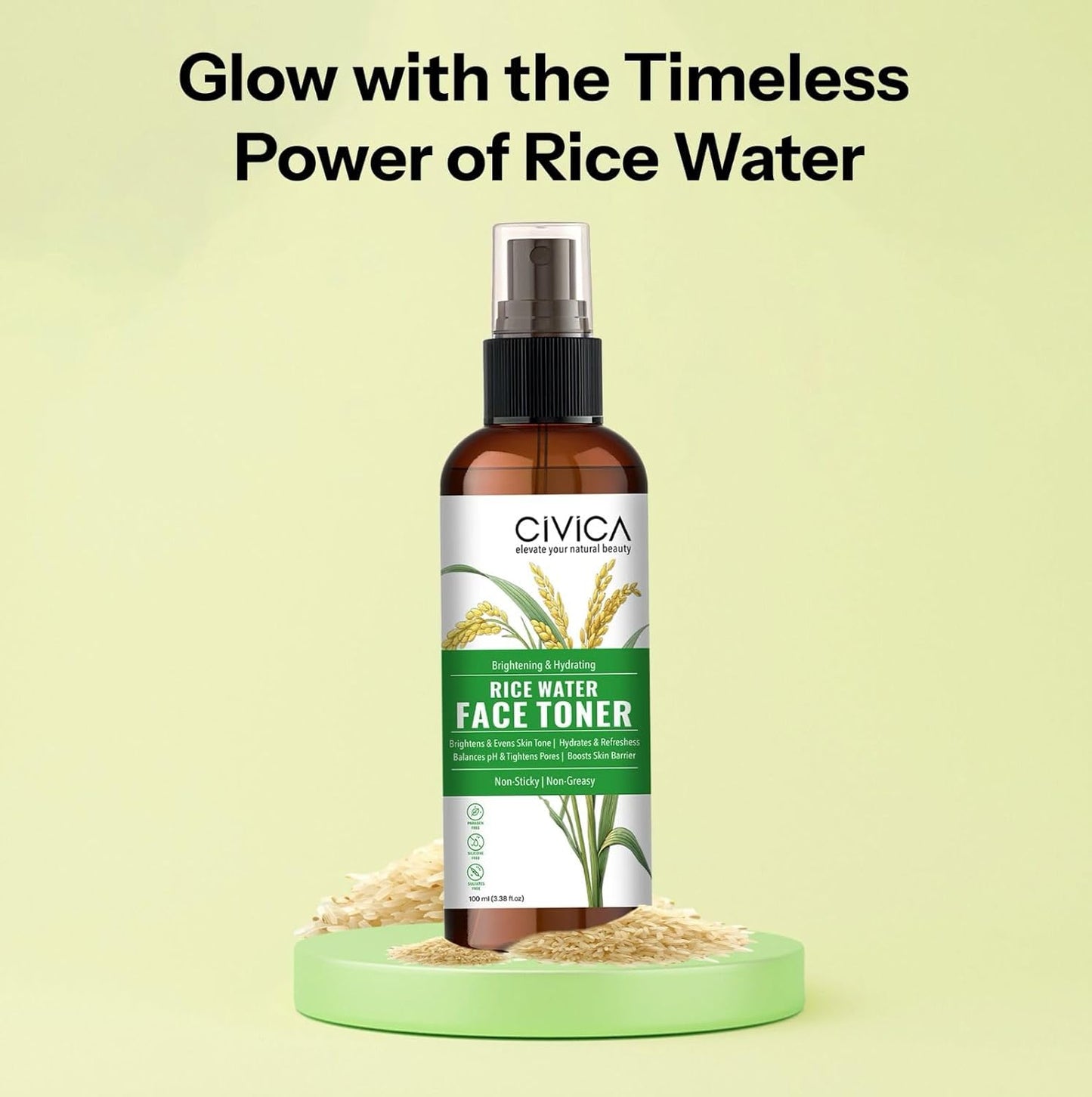 CIVICA Rice Water Toner | Alcohol Free Hydrosol Mist Spray for Acne Prone Skin | For Women & Men - 100ml