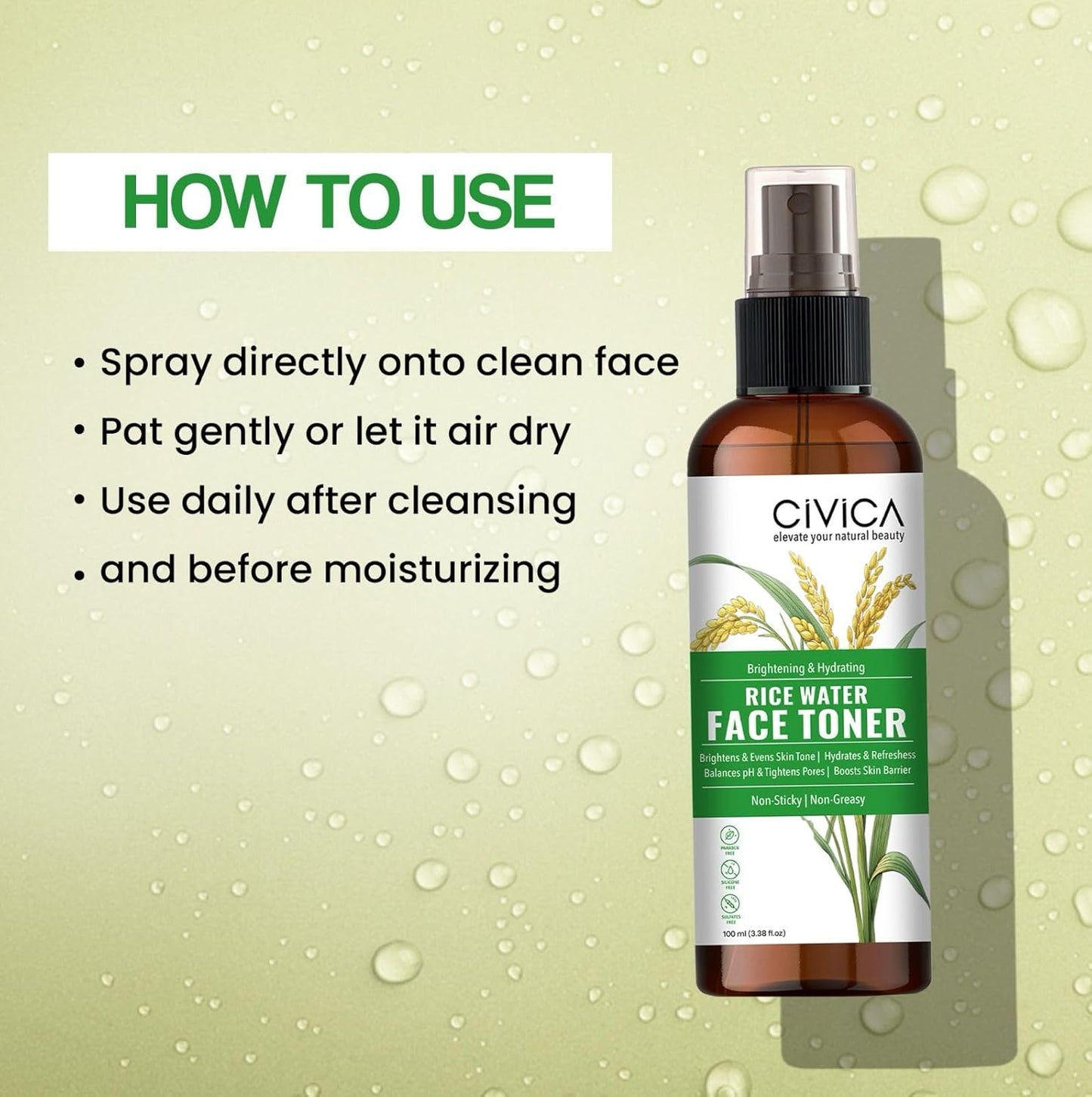 CIVICA Rice Water Toner | Alcohol Free Hydrosol Mist Spray for Acne Prone Skin | For Women & Men - 100ml