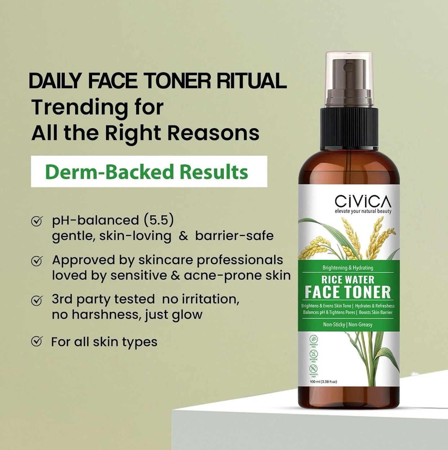 CIVICA Rice Water Toner | Alcohol Free Hydrosol Mist Spray for Acne Prone Skin | For Women & Men - 100ml