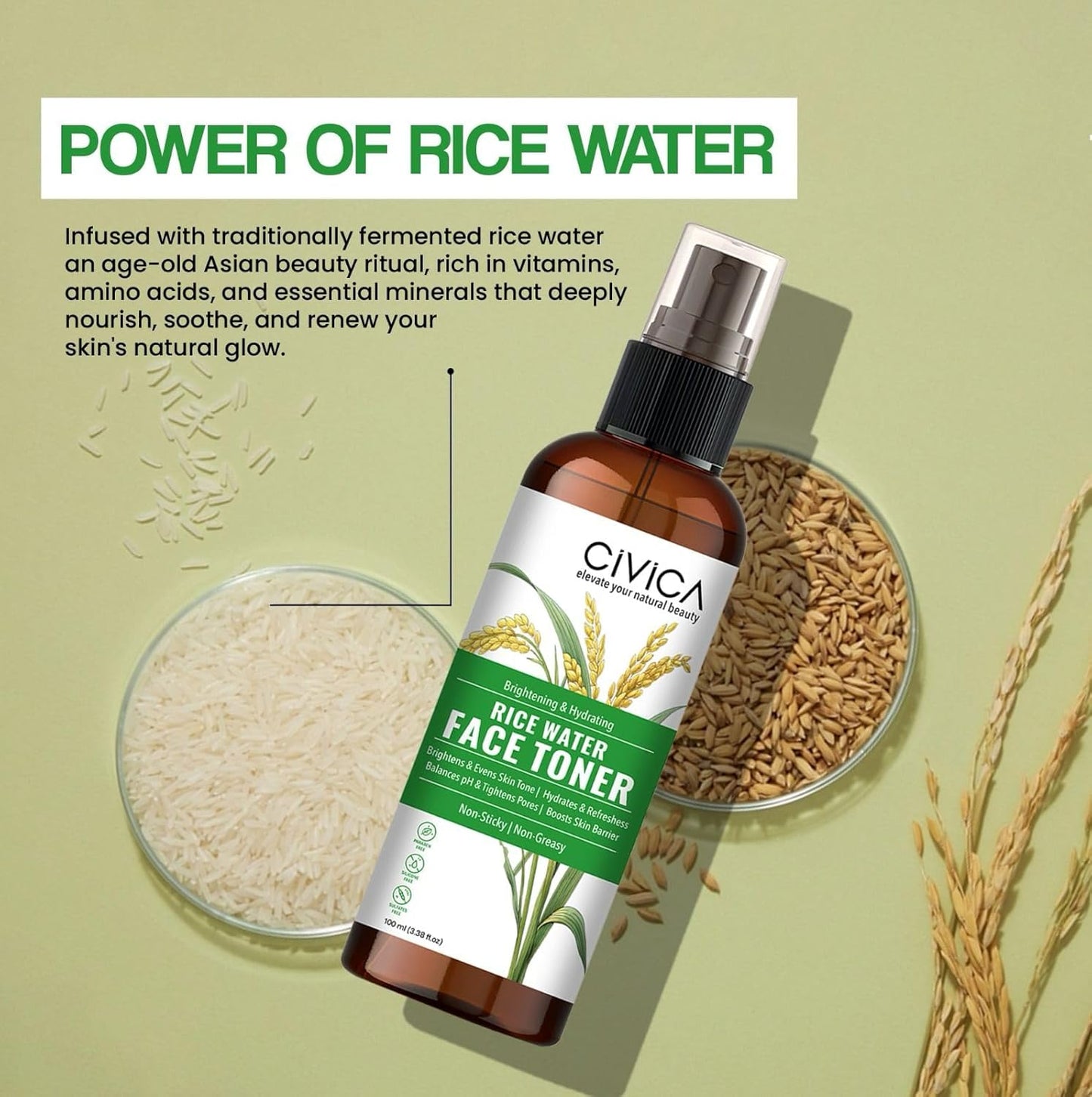 CIVICA Rice Water Toner | Alcohol Free Hydrosol Mist Spray for Acne Prone Skin | For Women & Men - 100ml
