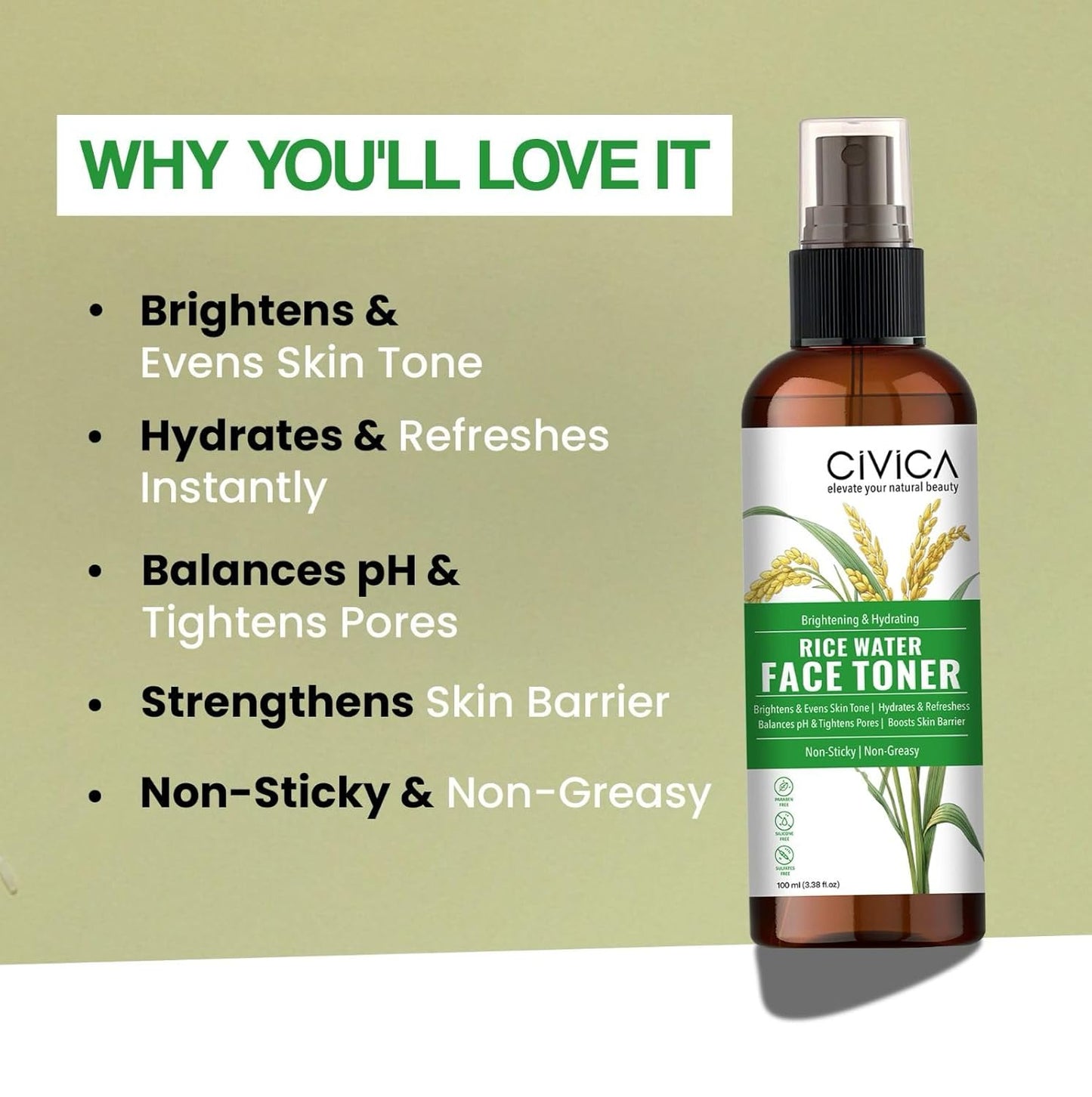 CIVICA Rice Water Toner | Alcohol Free Hydrosol Mist Spray for Acne Prone Skin | For Women & Men - 100ml